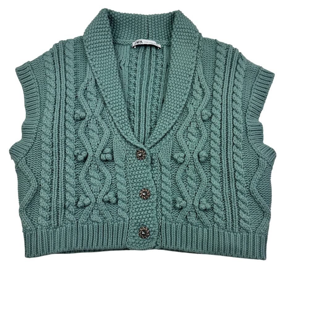 Zara Cable Knit Chunky Boxy Cropped Sleeveless Button Front Vest Women's M/L